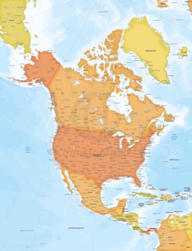 Map of North America continent political bathymetry large