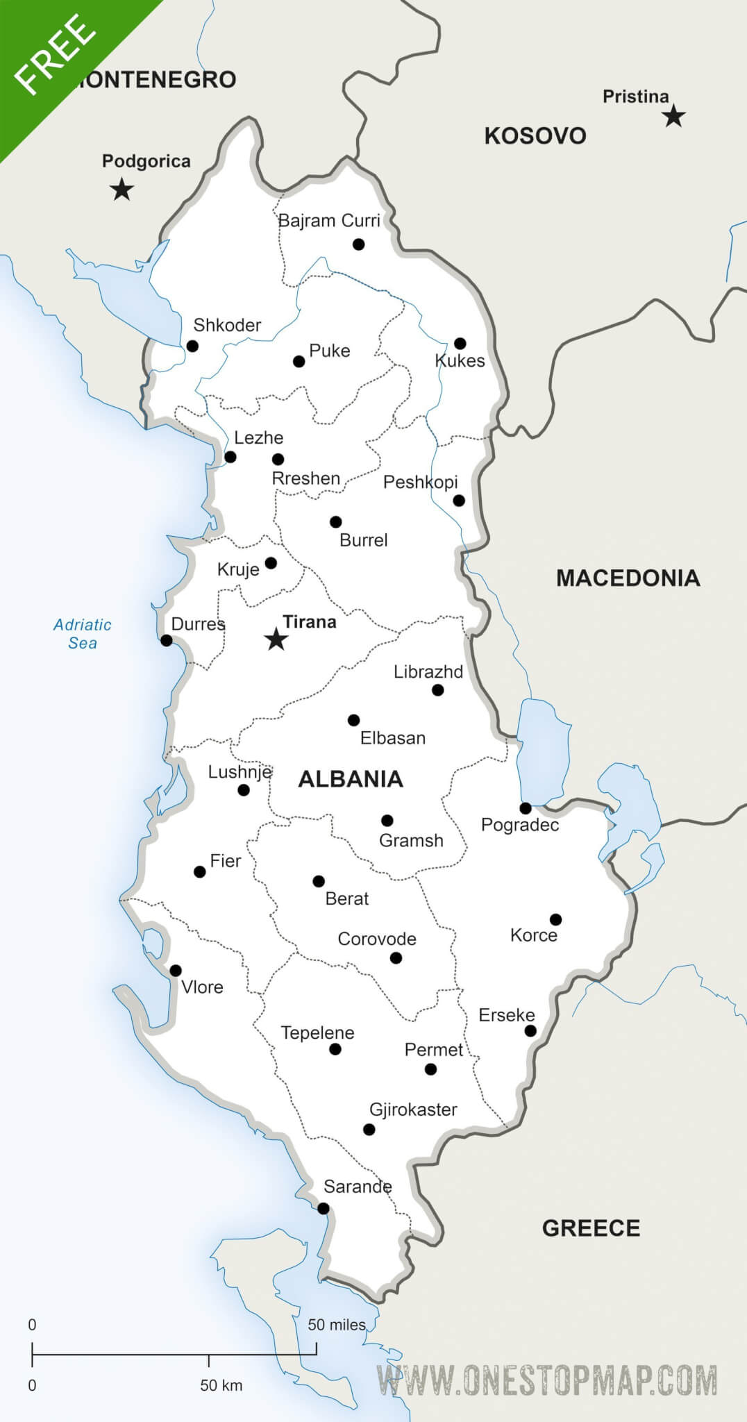 Free Vector Map of Albania Political | One Stop Map
