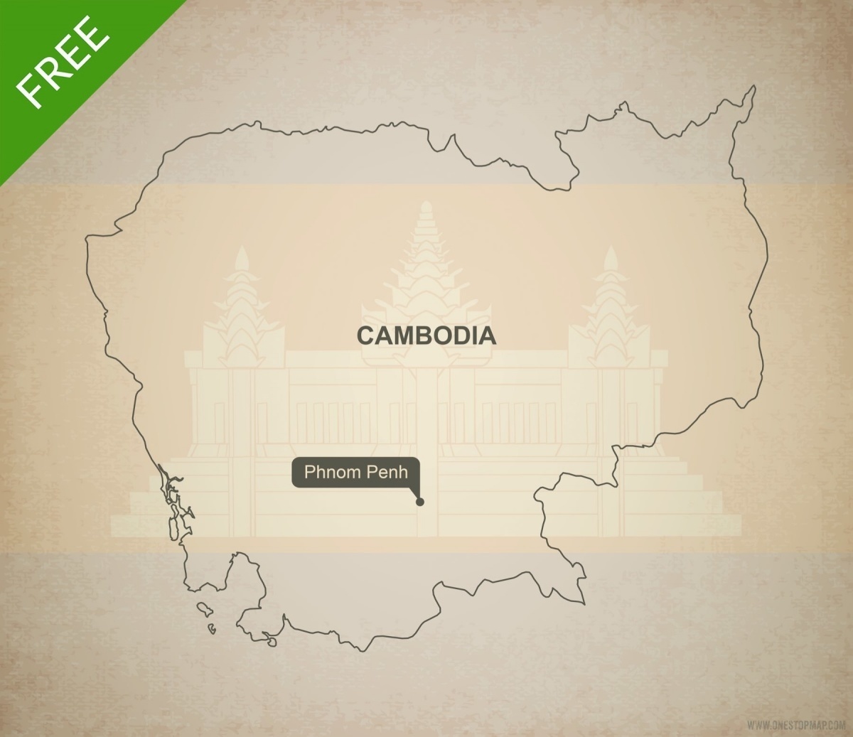 Free Vector Map of Cambodia Outline One Stop Map