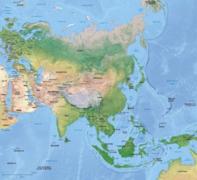 Vector map of Asia continent political with shaded relief