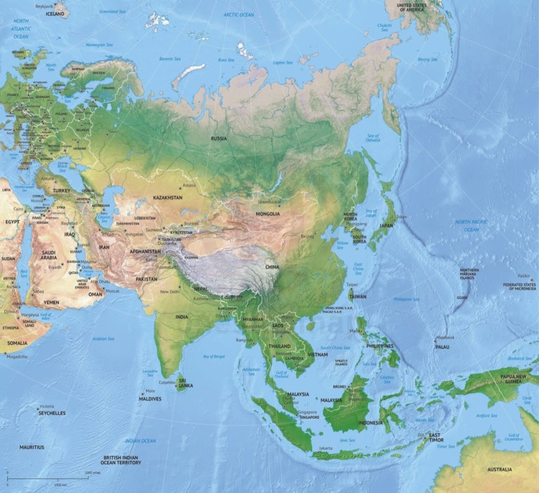 Vector map of Asia continent political with shaded relief
