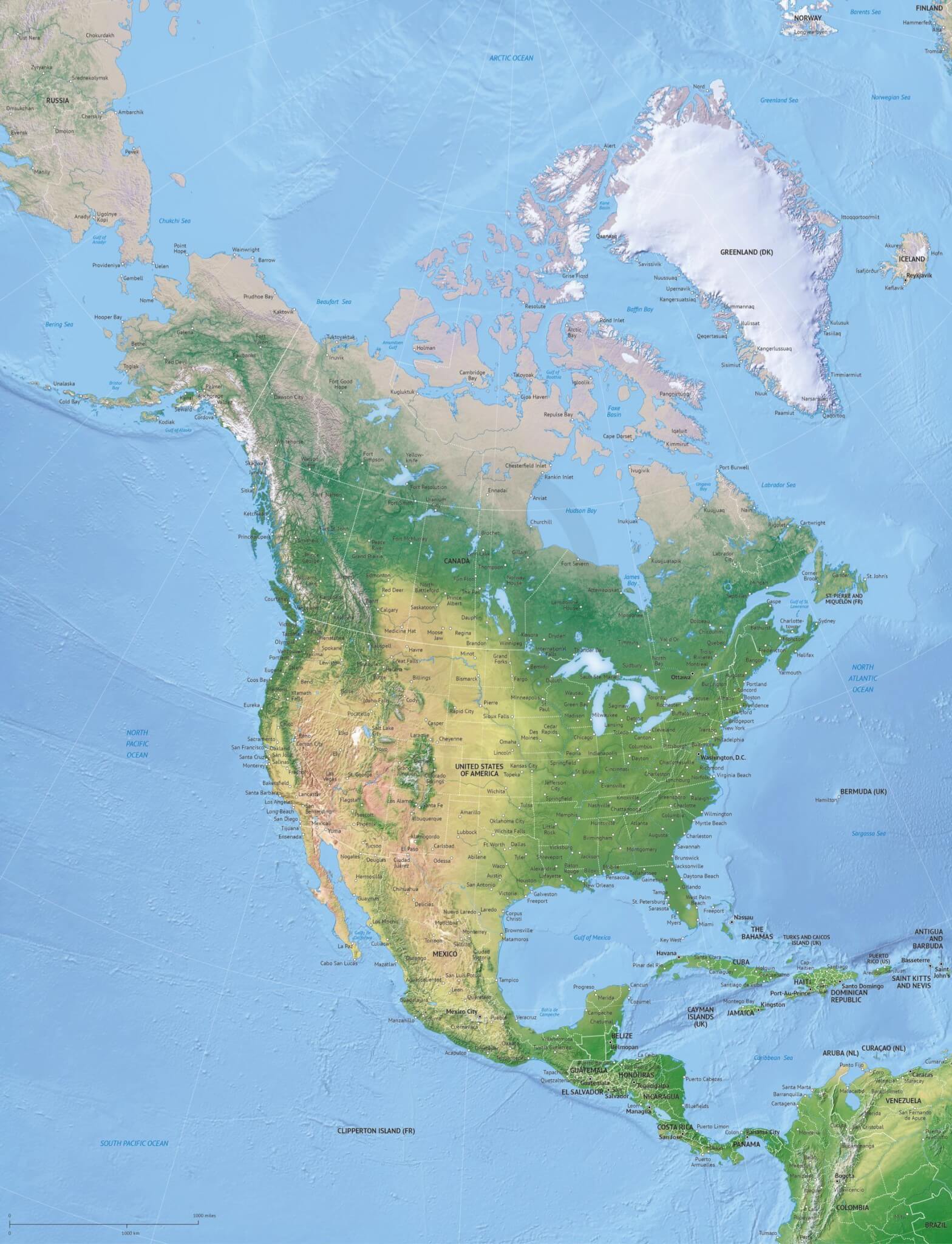 474 Map North America Continent Political Shaded Relief High Detail 