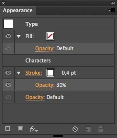 Appearance palette showing settings for semi-tranparent stroke around type