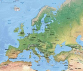 Vector map of Europe continent political with shaded relief