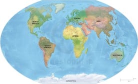 Vector map of world continents with shaded relief