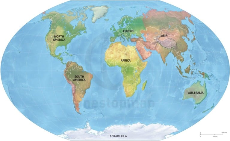 Vector map of world continents with shaded relief