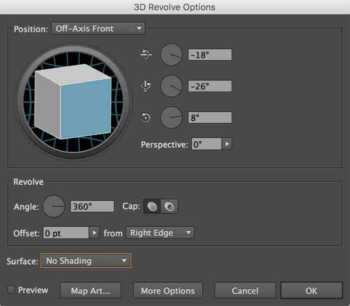 Settings in the 3D Revolve Options palette