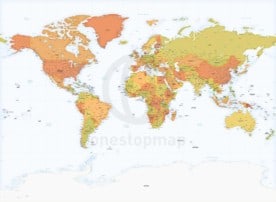 Highly detailed world map Africa centered Miller Cylindrical projection