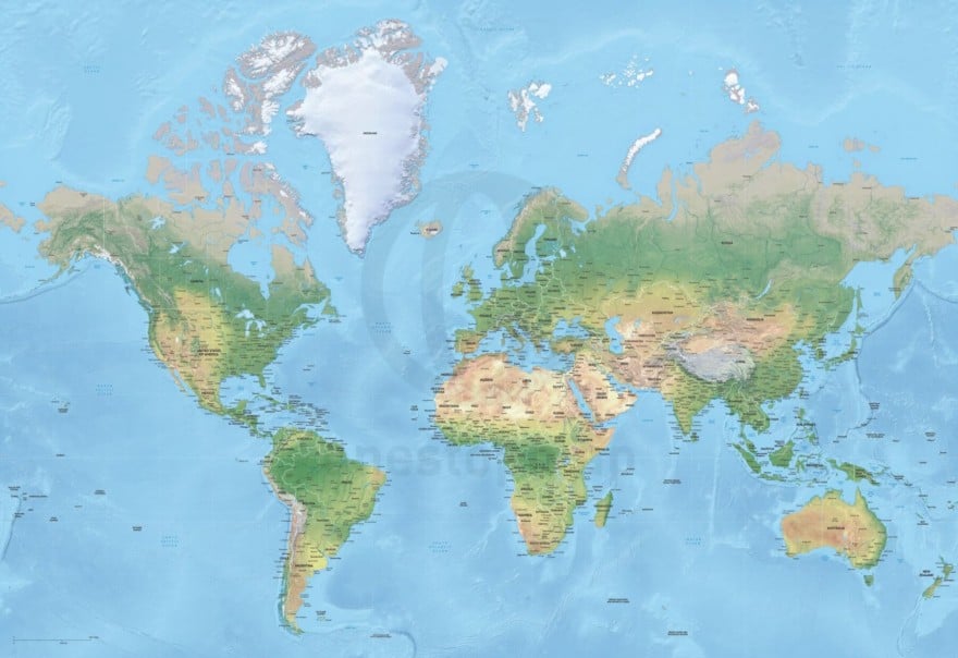 Map of world political shaded relief high detail mercator europe-africa centered