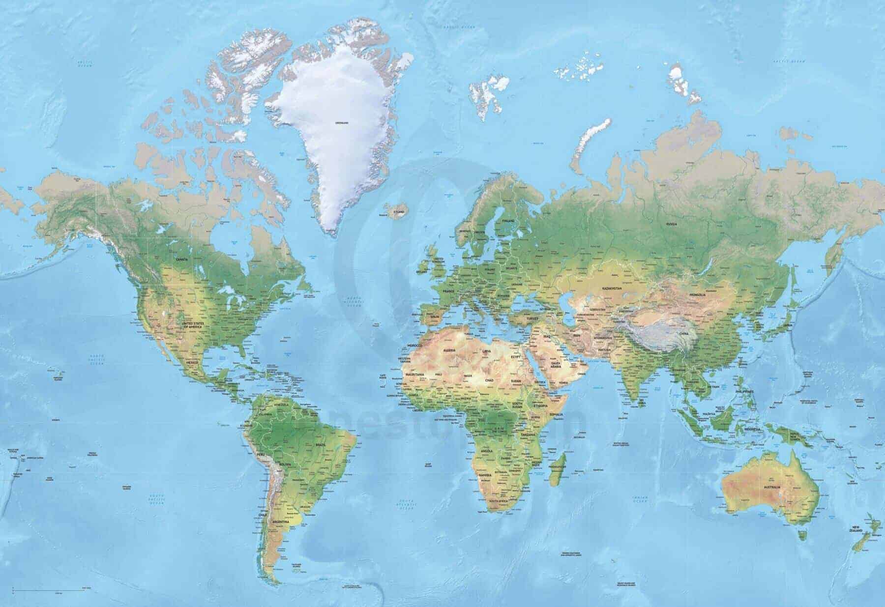 Map of world political shaded relief high detail mercator europe-africa centered
