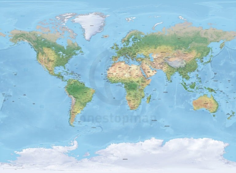 Map of world political shaded relief high detail miller europe-africa centered