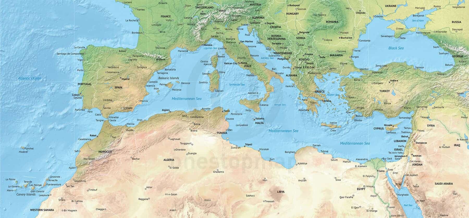 Vector Map of the Mediterranean, political with shaded relief | One