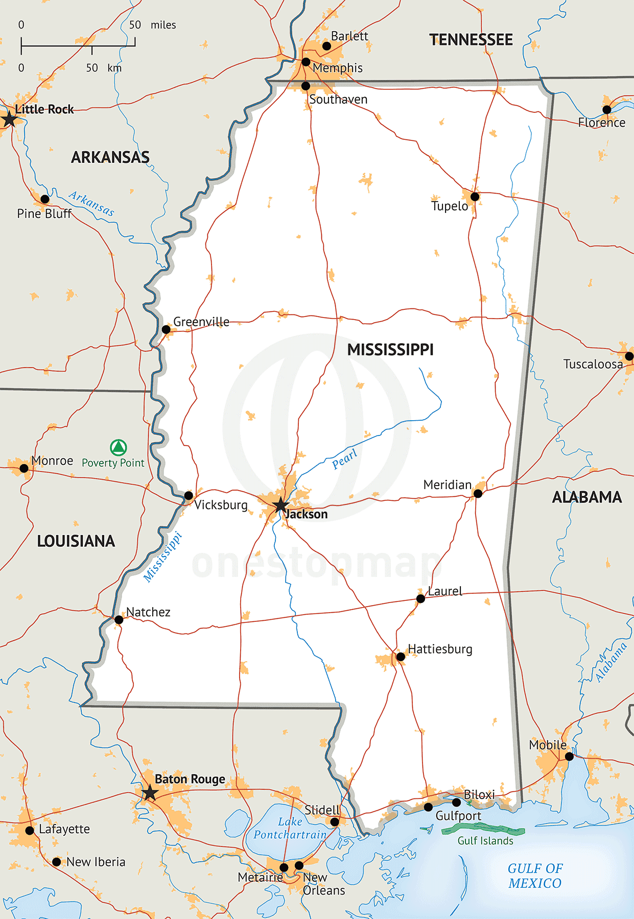 Stock Vector Map of Mississippi | One Stop Map