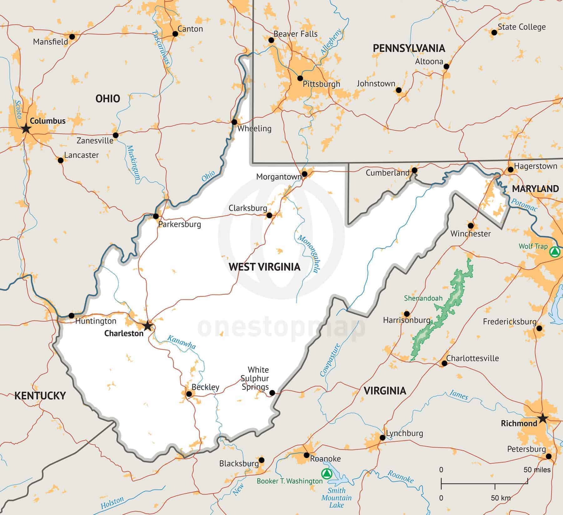 Top 98+ Pictures Map Of Virginia And West Virginia With Cities Stunning