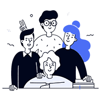 A cartoon of a group of people sitting at a table.