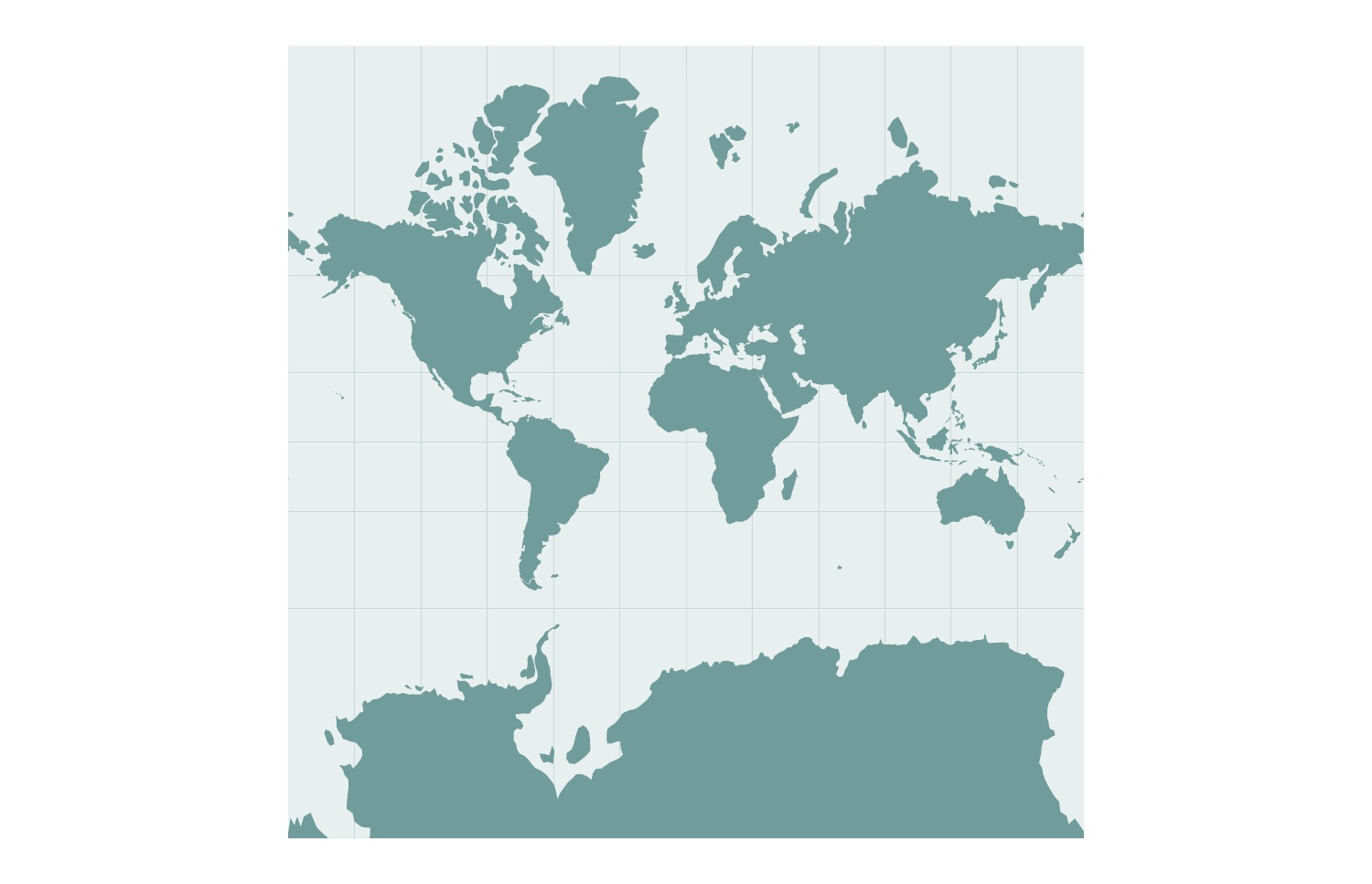 Mercator projection of Natural Earth land outlines; clipped at 85 degrees north and south