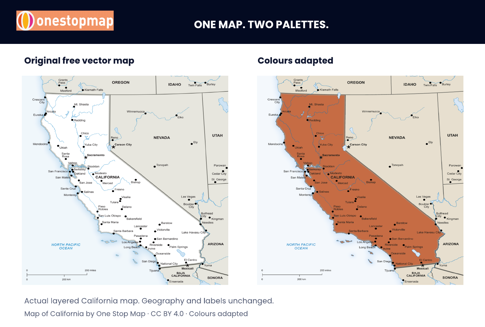 The same California vector map before and after editing: original neutral colours beside warm sand land and a terracotta California highlight